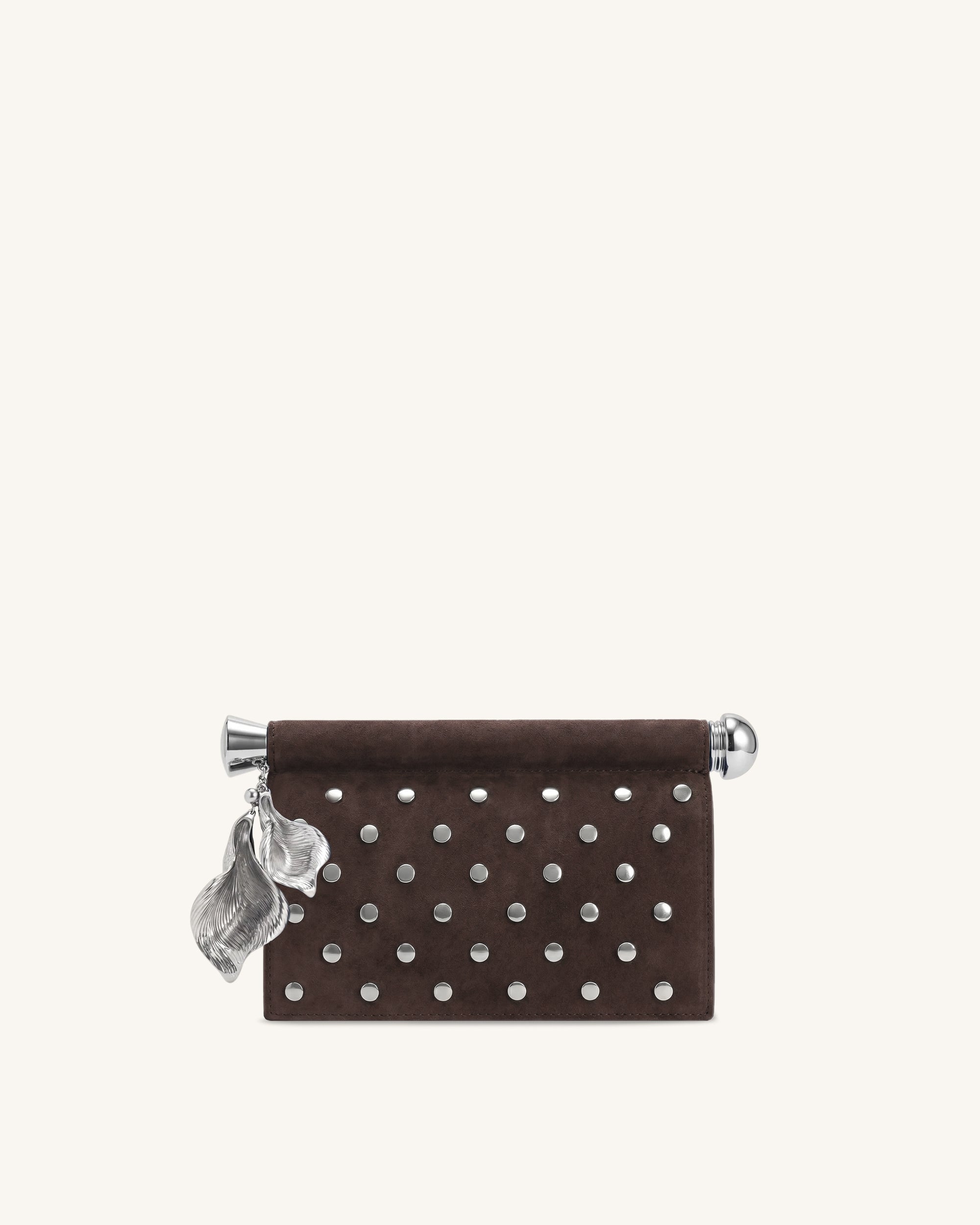 Holly Faux Suede Studded Metal Pendant Embellished Clutch - Dark Brown