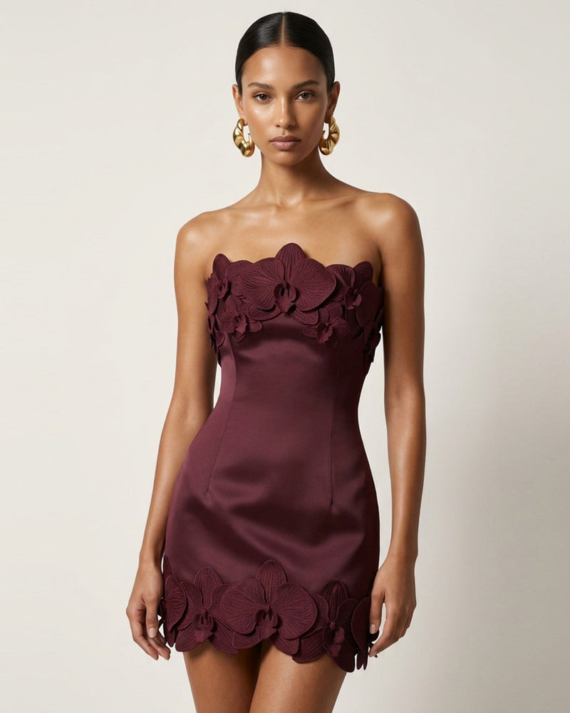 Orchid Trim Strapless Mini Dress - Burgundy