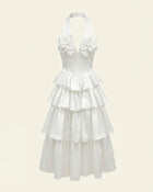 Flower Embroidered Tiered Halter Midi Dress - White