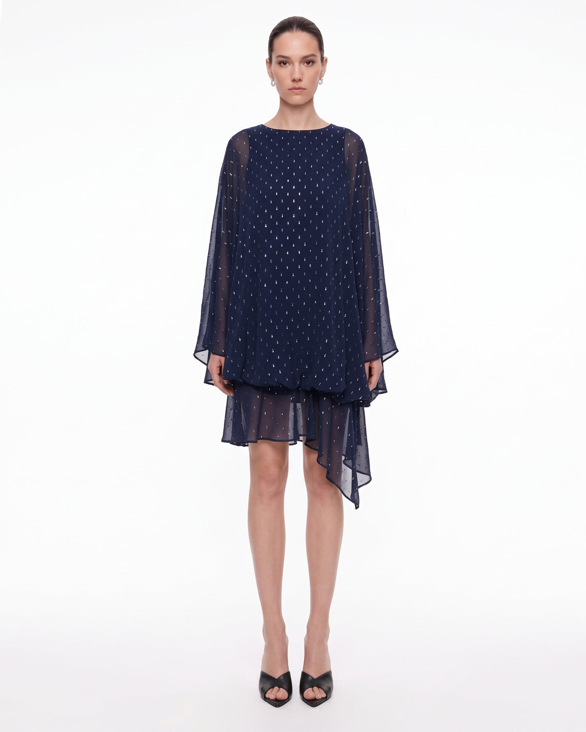 Embellished Sheer Balloon-Hem Maxi Dress - Navy
