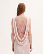 Tulip Appliqué Cowl-Back Satin Column Maxi Dress - Soft Rose
