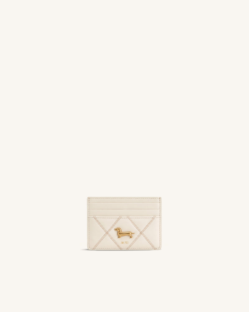Maeve Quilted Dachshund Metal Emblem Card Holder - Ivory White