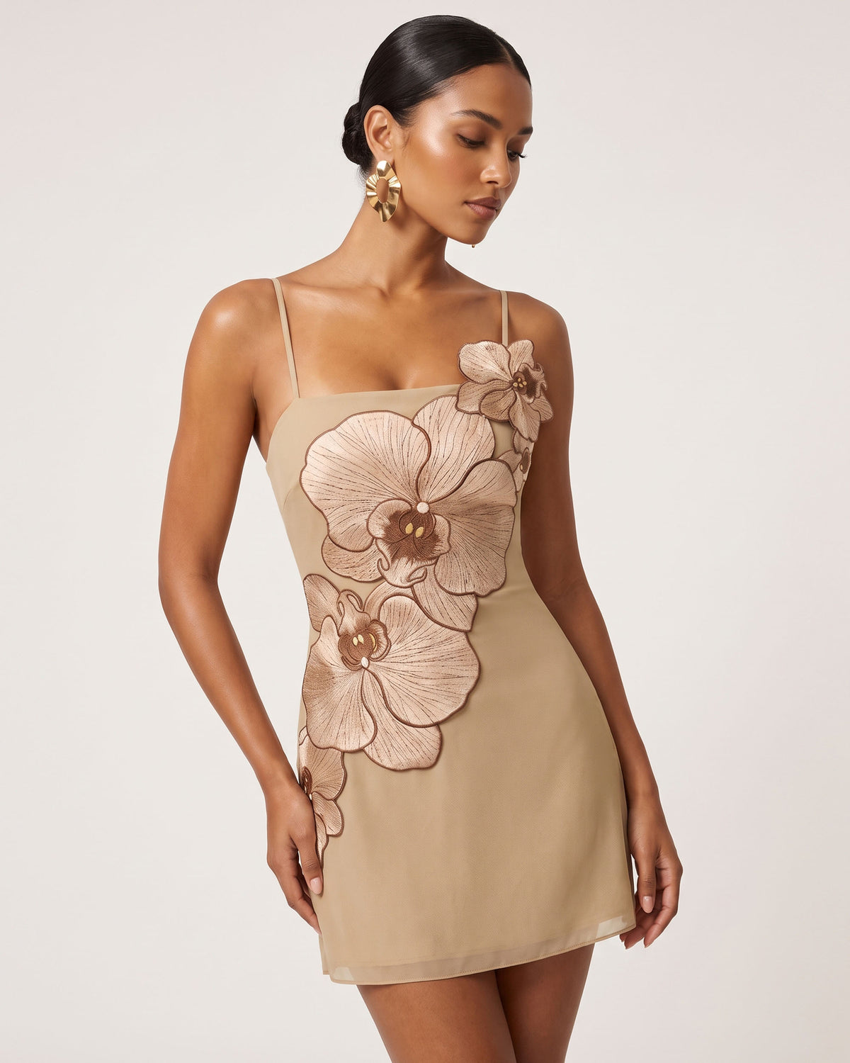 Orchid Appliqué Mini Dress - Mocha Brown