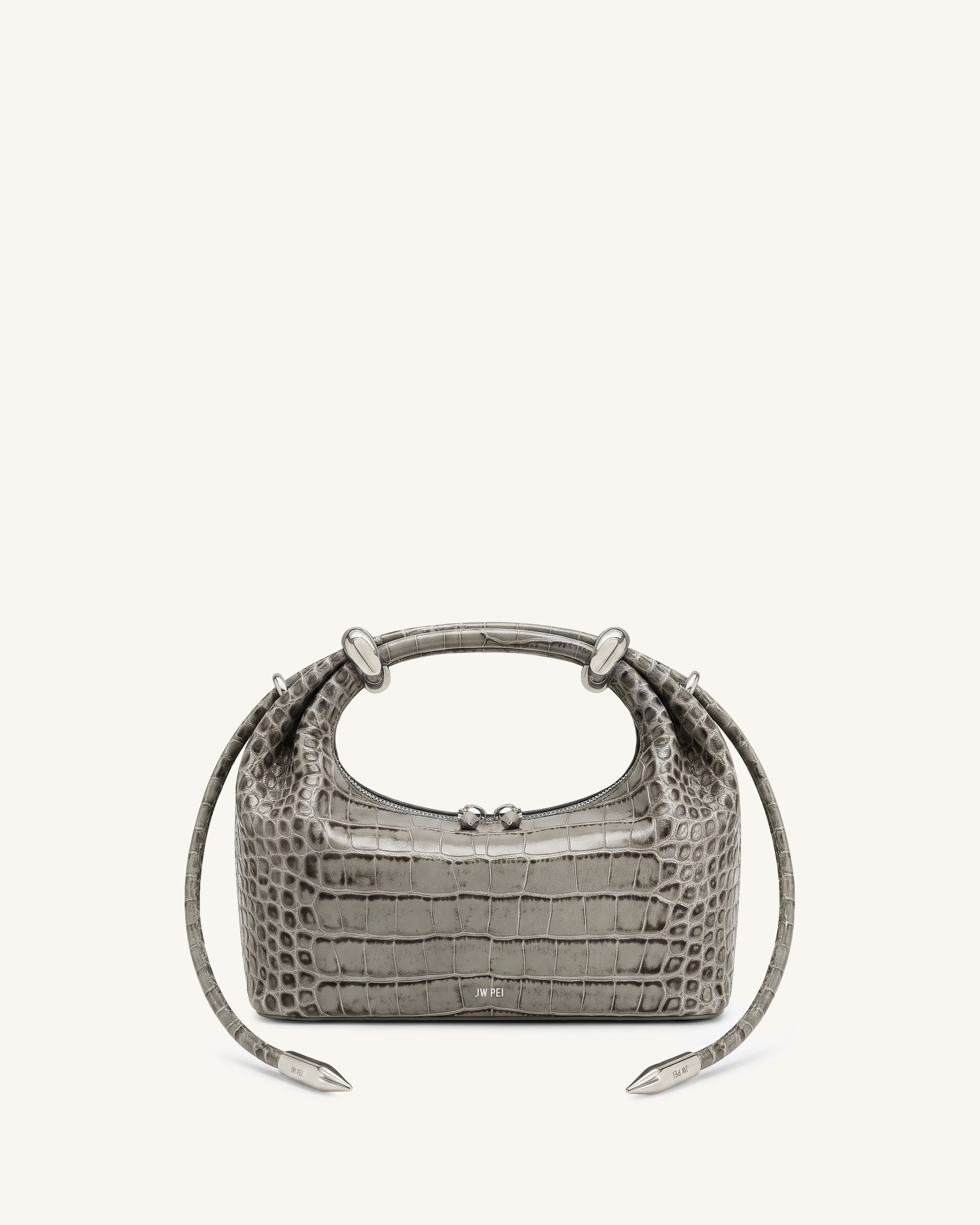 Ellie Metal Ring Embellished Top Handle Bag - Medium Gray Croc