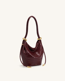 Ellie Metal Ring Embellished Bucket Bag - Burgundy Croc
