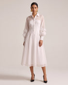Orchid Embellished Sheer Sleeve Collared Midi Dress - Cream