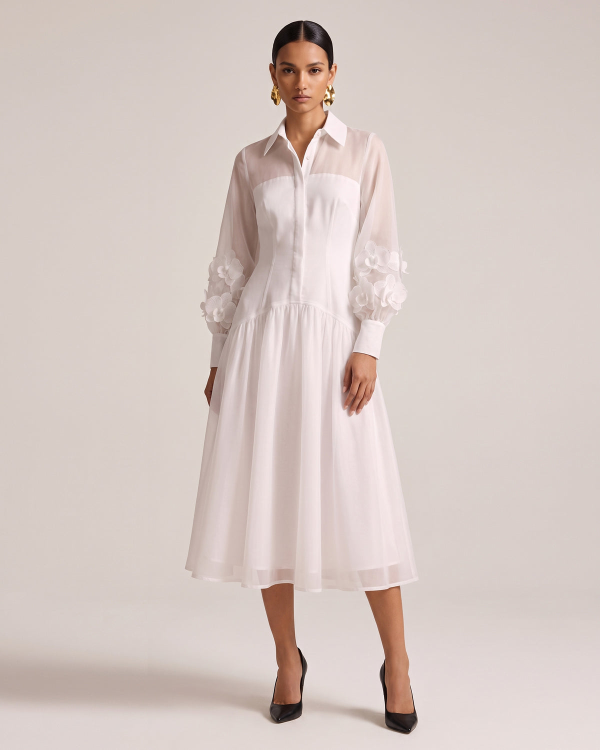Orchid Embellished Sheer Sleeve Collared Midi Dress - Cream