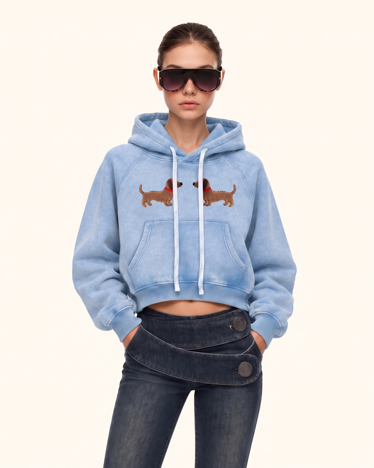 Facing Dachshund Acid Cropped Hoodie - Washed Sky