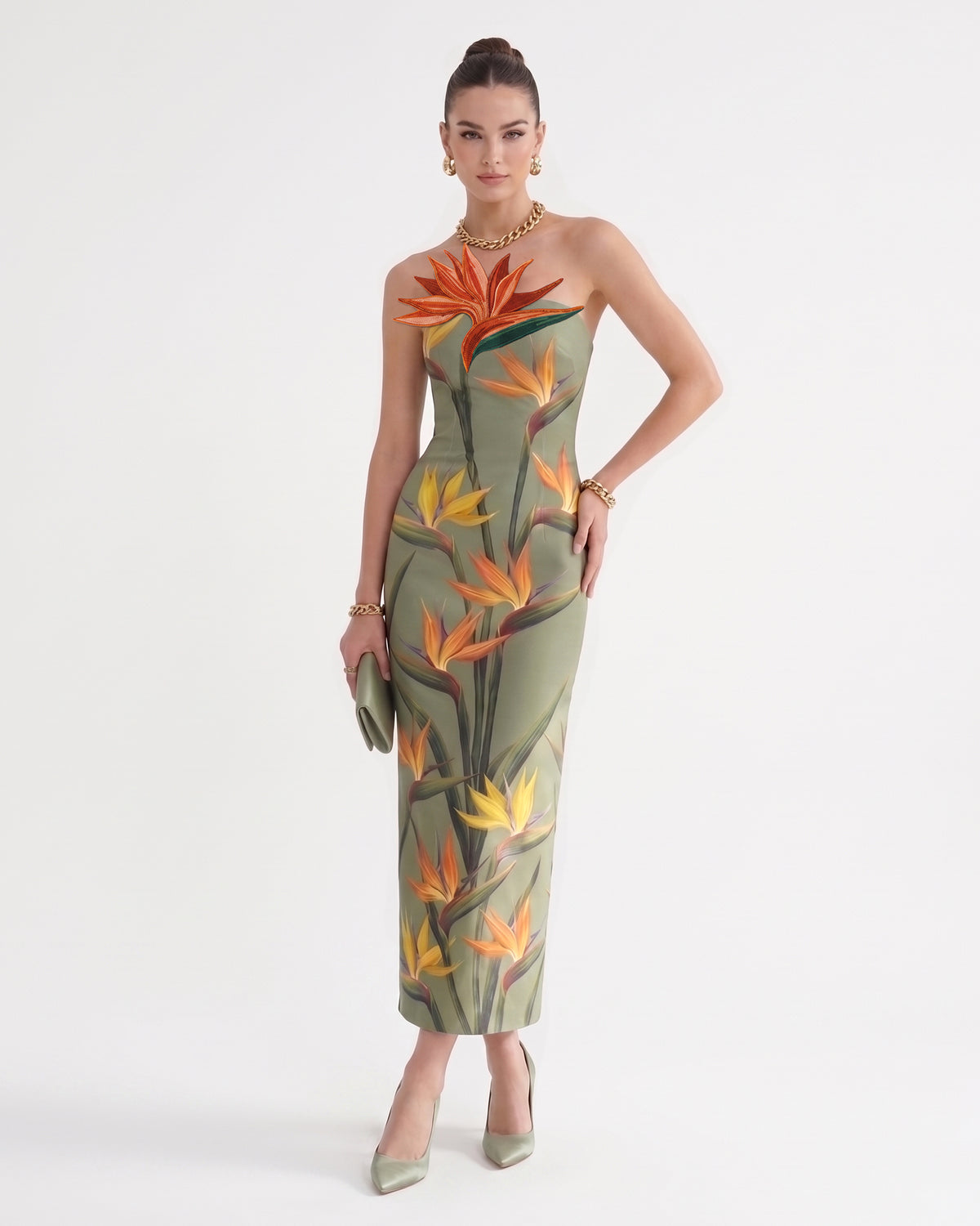 Bird of Paradise Appliqué Strapless Column Midi Dress - Sage Green