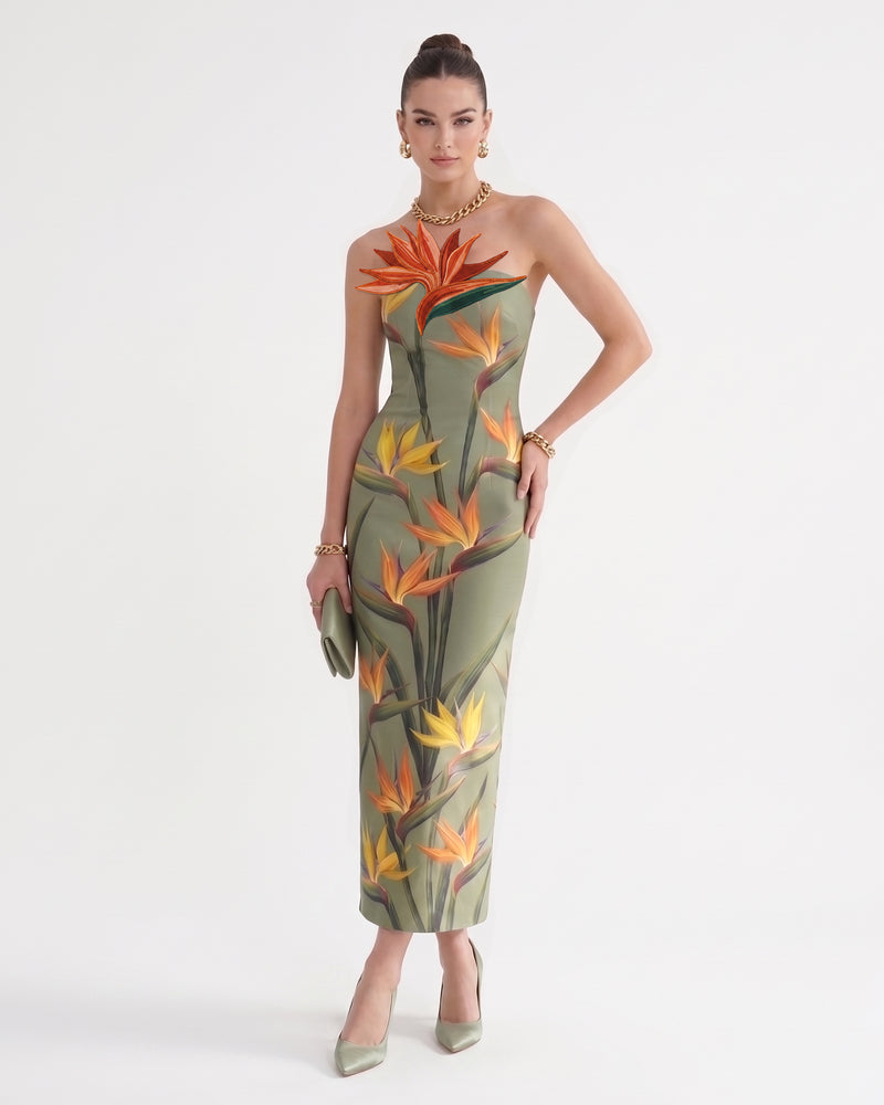 Bird of Paradise Appliqué Strapless Column Midi Dress - Sage Green