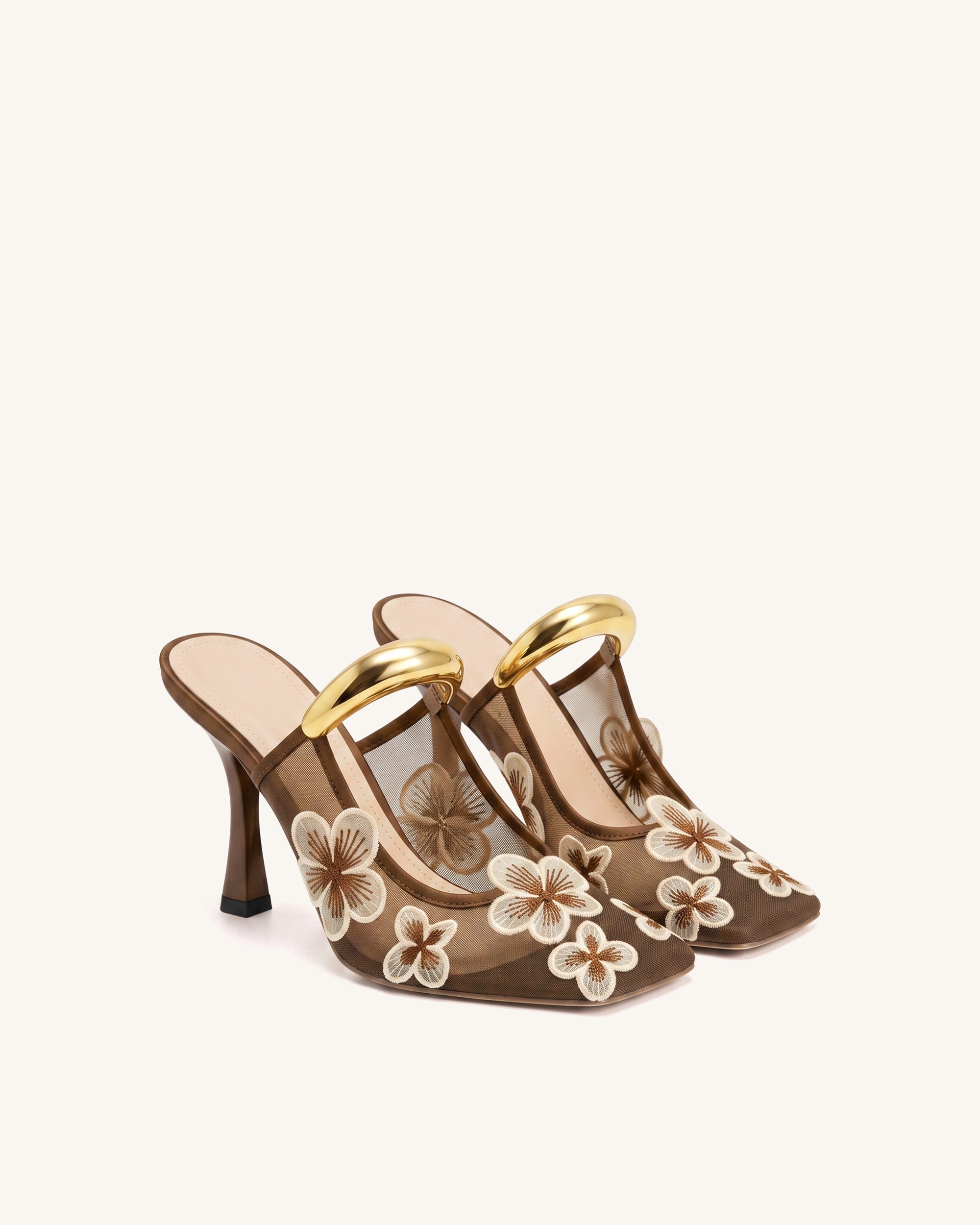 Mireille Pierced Floral Embroidered Appliqué Mesh Mules - Brown