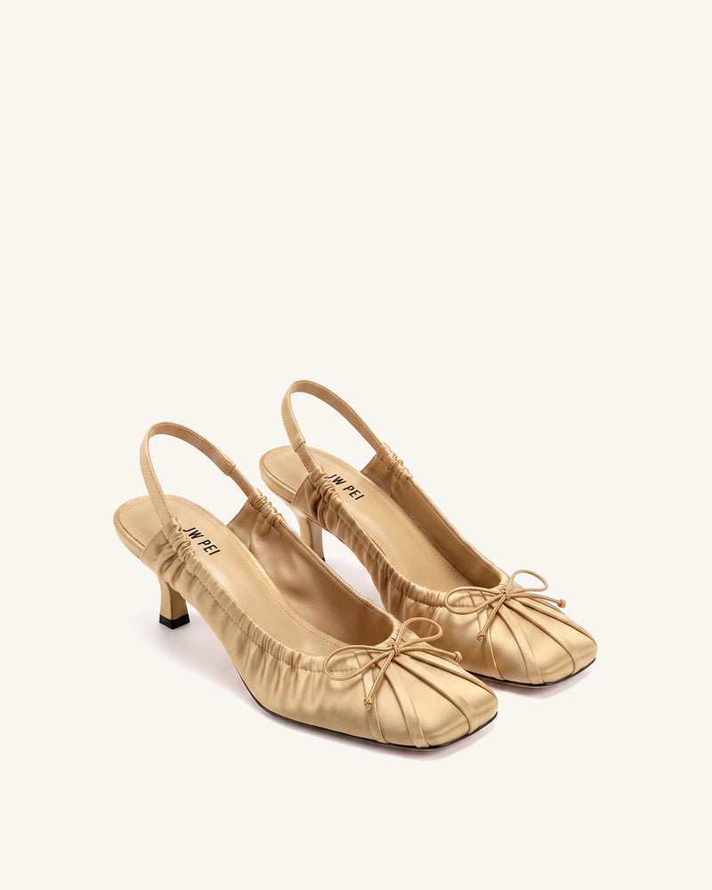 Solenne Satin Bow Ruched Slingback Pumps - Champagne