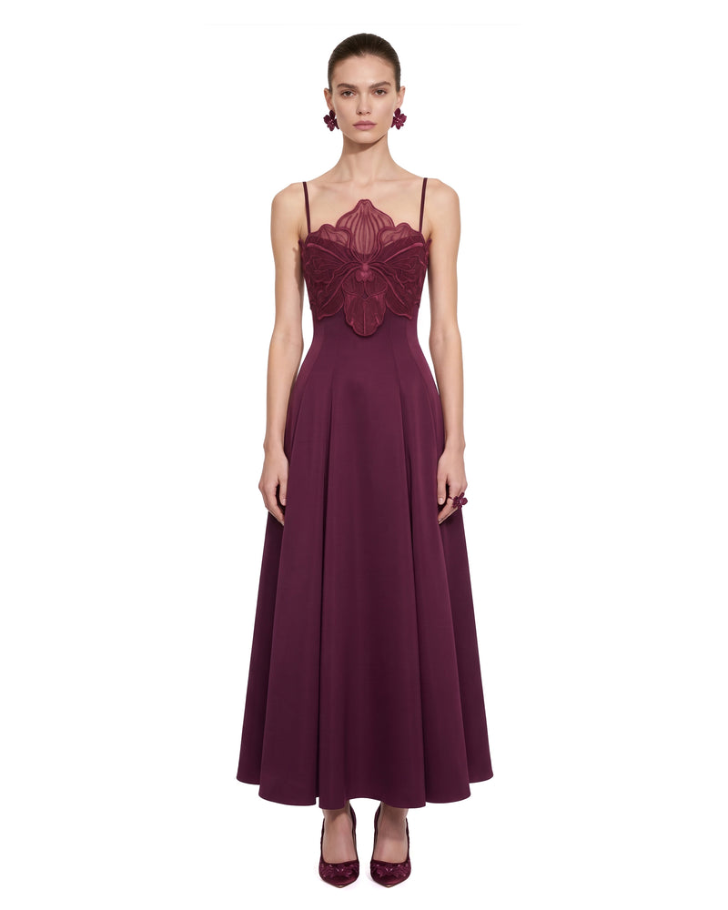 3D Floral Strappy A-Line Maxi Dress - Burgundy