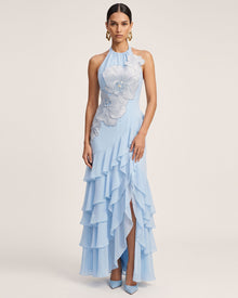 Orchid Embroidered Halter Asymmetric Ruffle Maxi Dress - Light Blue