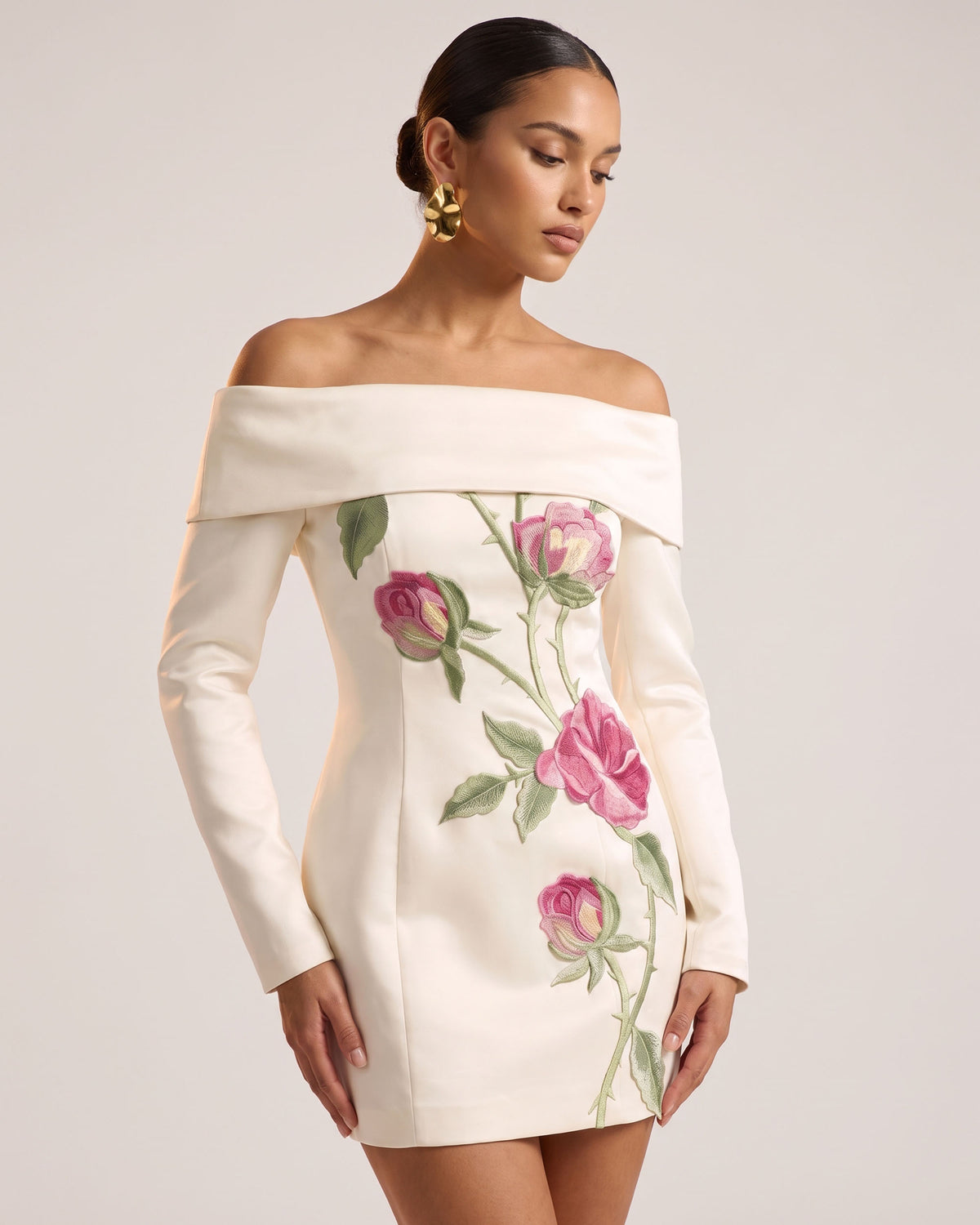 Rose Embroidered Foldover Long-Sleeve Mini Dress - Off White