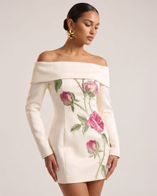 Rose Embroidered Foldover Long-Sleeve Mini Dress - Off White