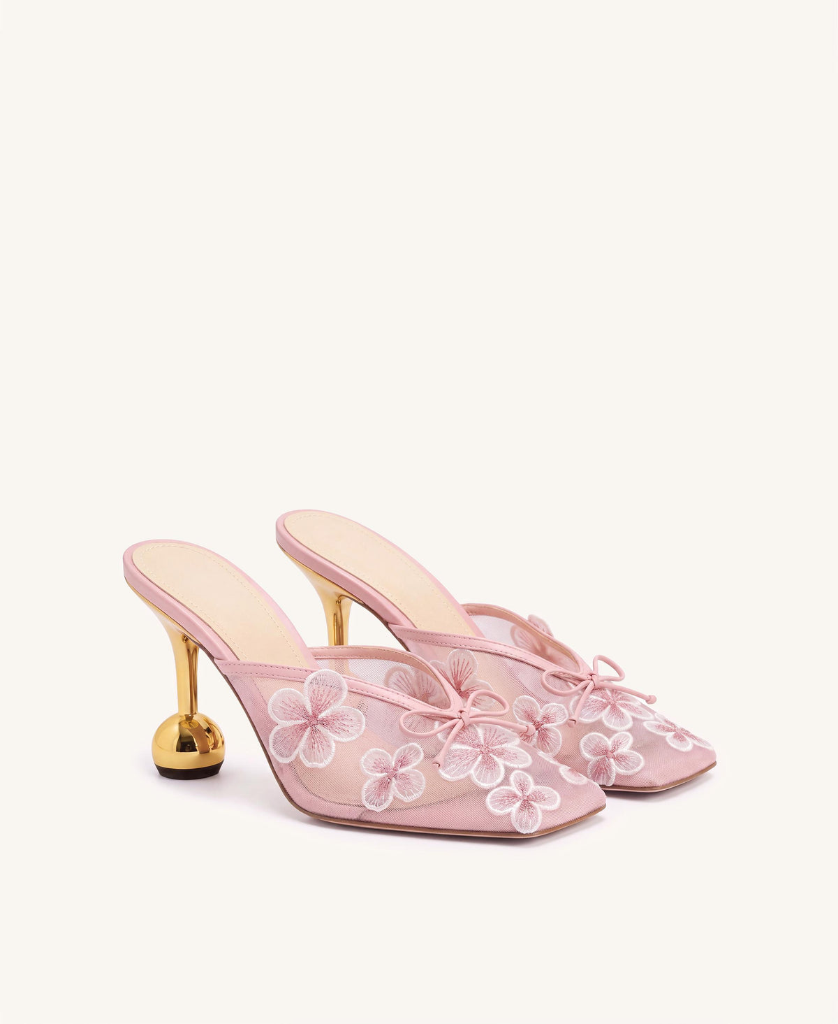 Mireille Floral Embroidered Bow Mesh Mules - Blush Pink