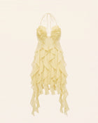 Flower Embroidered Halter Asymmetric Ruffle Mini Dress - Butter Cream