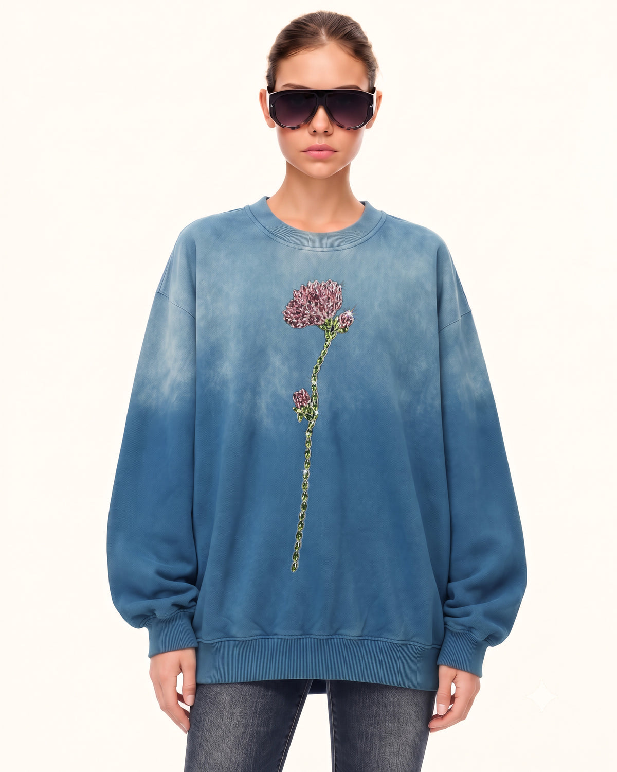 Rhinestone Rose Gradient Wash Oversized Longline Sweatshirt - Ocean Blue