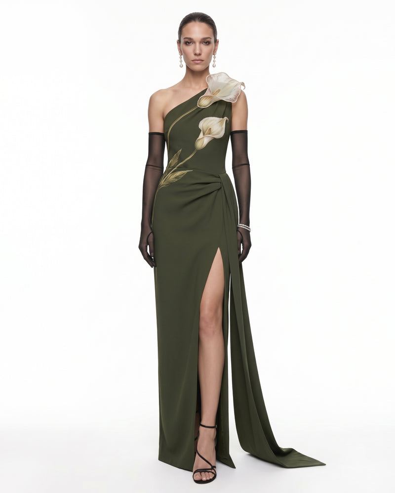 3D Floral One-Shoulder Draped Slit Maxi Dress - Olive Green