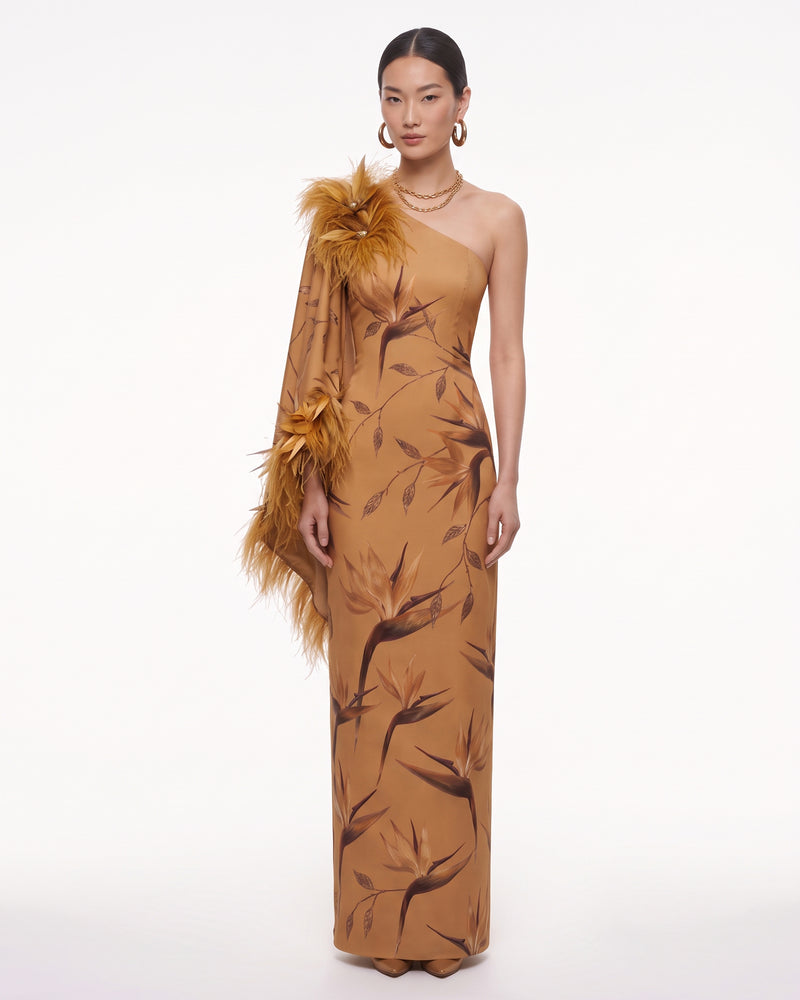 Bird of Paradise Feather-Trim One-Shoulder Maxi Dress - Ochre