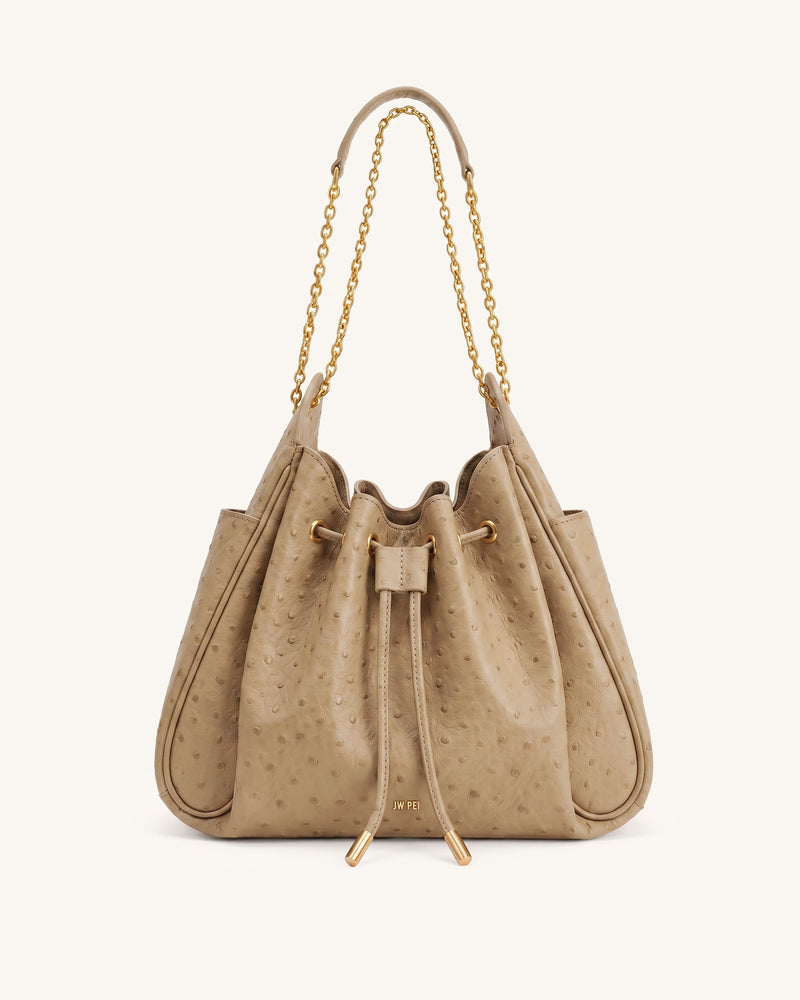 Rowan Faux Ostrich Grain Ruched Drawstring Chain Bucket Bag - Oak Brown