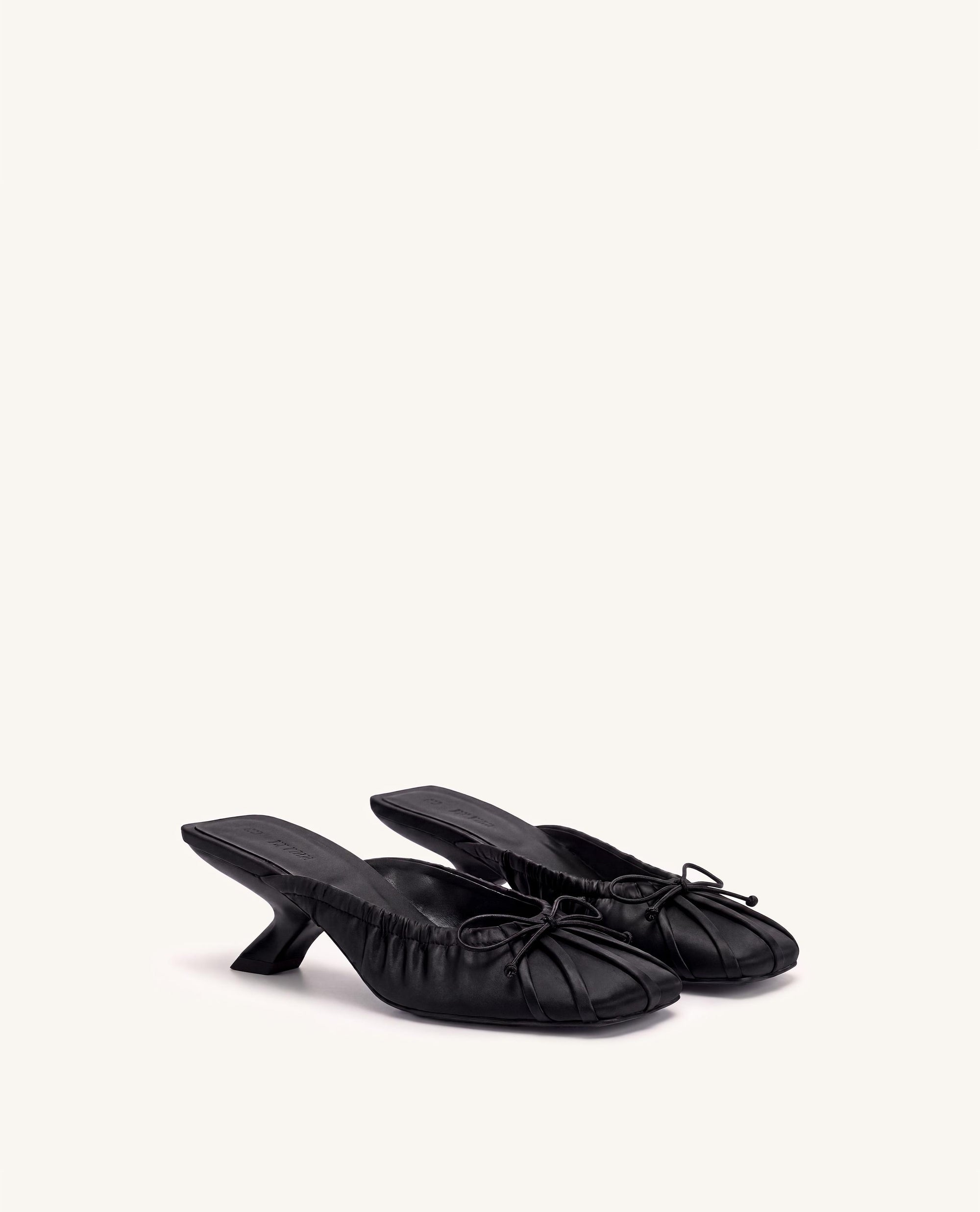 Solenne Satin Bow Ruched Mules - Black