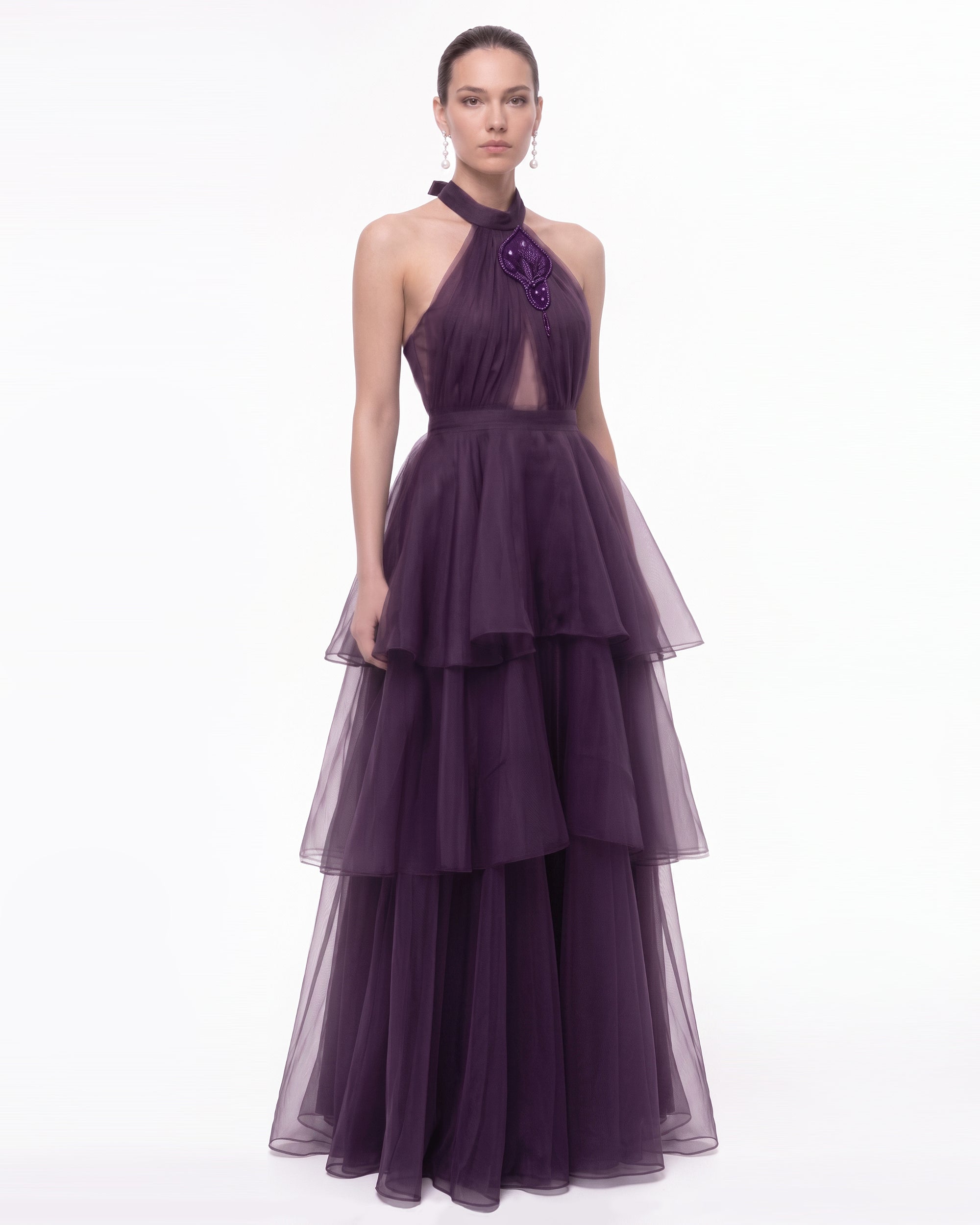 Calla Lily Embellished Halter Tiered Tulle Maxi Dress - Purple