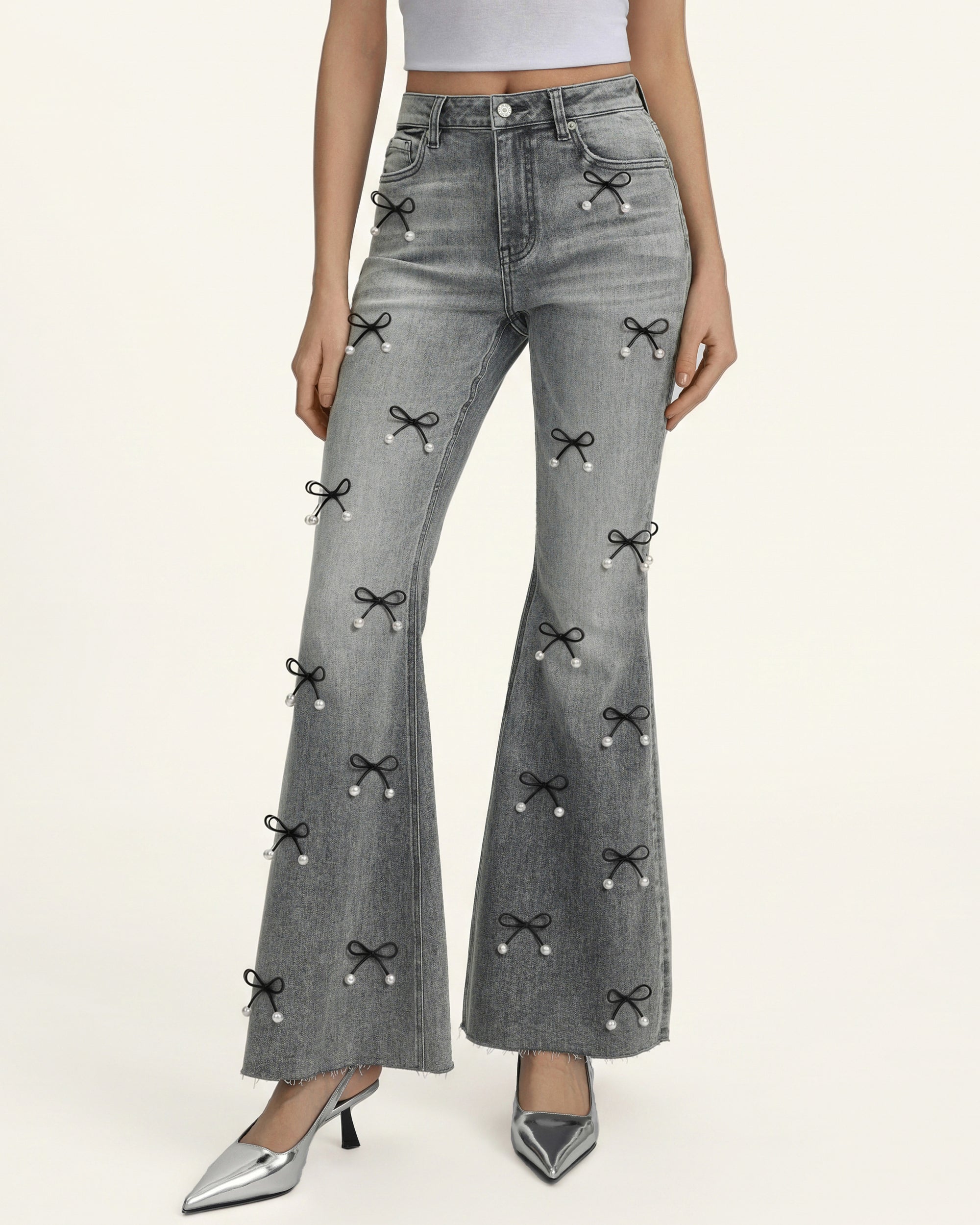 Pearl Accent Bow Boogie Child Fray Jeans - Smoke and Mirrors