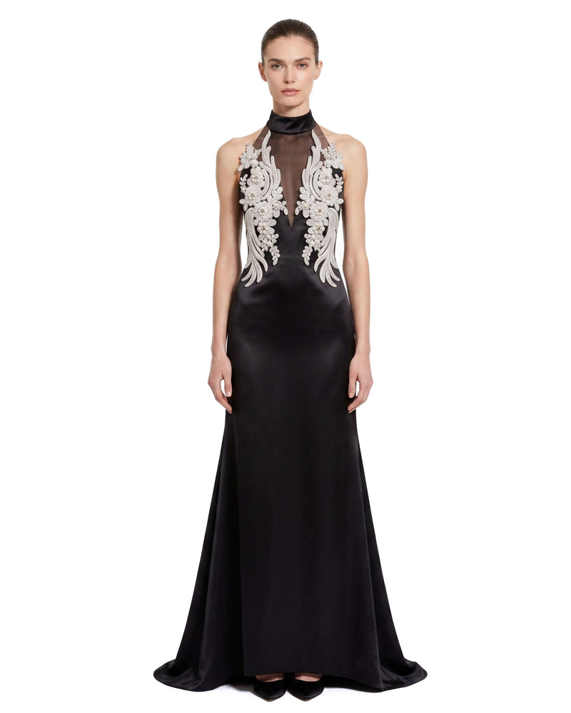 Floral Embellished Halter Sheer Satin Maxi Dress - Black