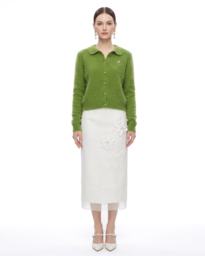 3D Flower Beaded Column Midi Skirt - Off White