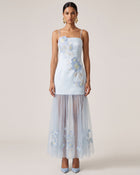 Floral Embroidered Sheer Overlay Maxi Dress - Light Blue