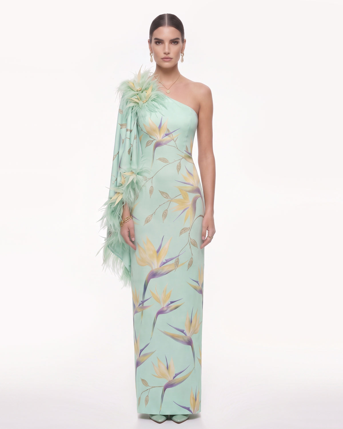 Bird of Paradise Feather-Trim One-Shoulder Maxi Dress - Mint Green