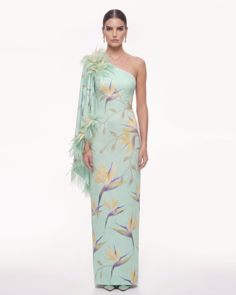 Bird of Paradise Feather-Trim One-Shoulder Maxi Dress - Mint Green