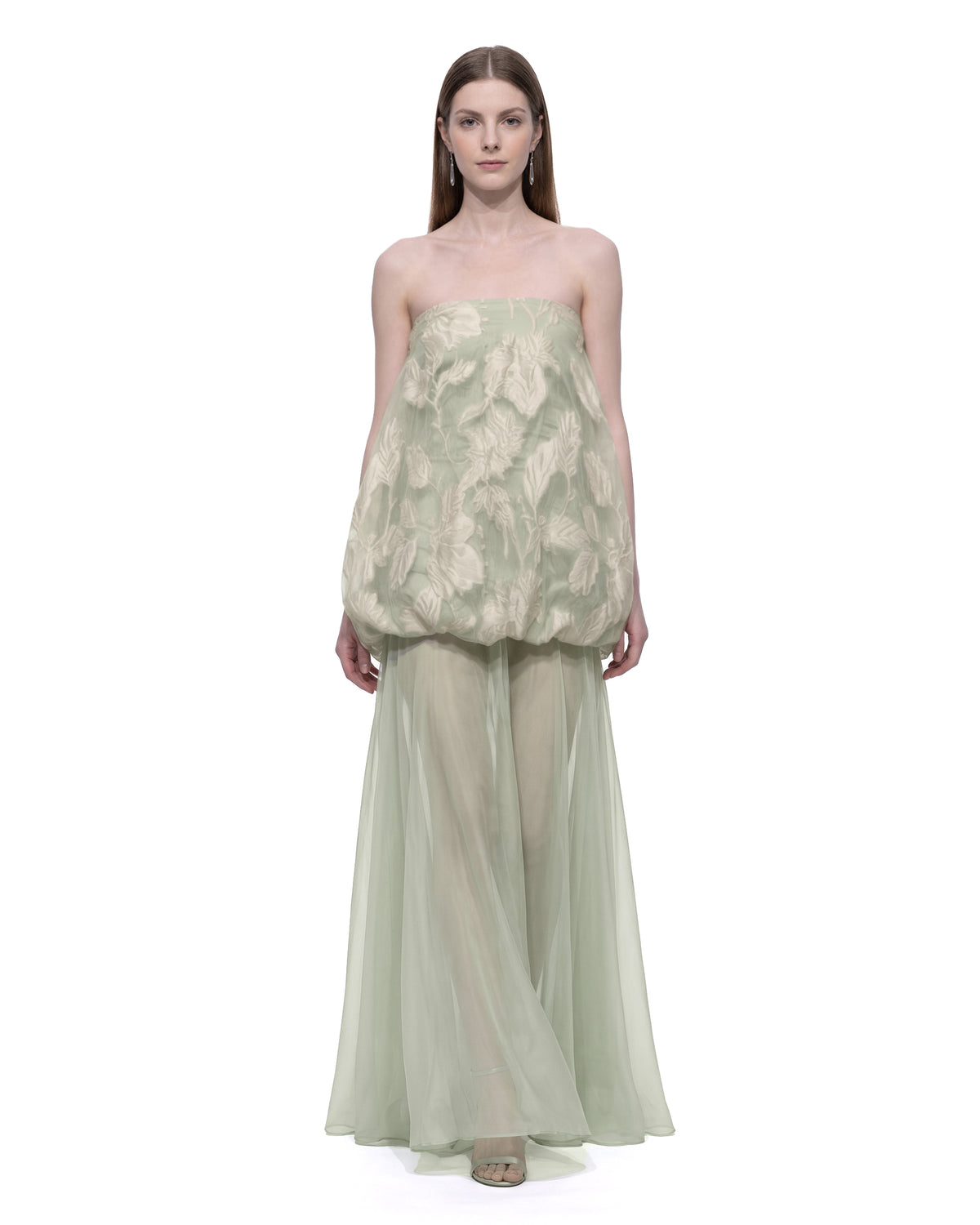 Strapless Floral Jacquard Bubble Hem Chiffon Maxi Dress - Mint