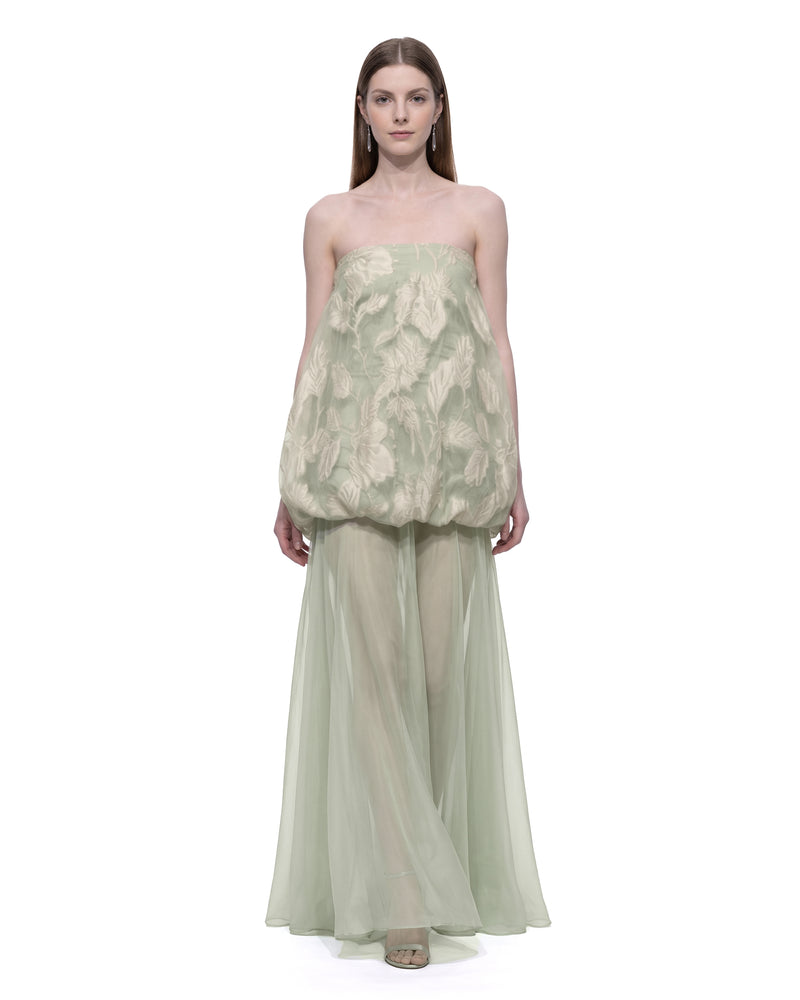 Strapless Floral Jacquard Bubble Hem Chiffon Maxi Dress - Mint
