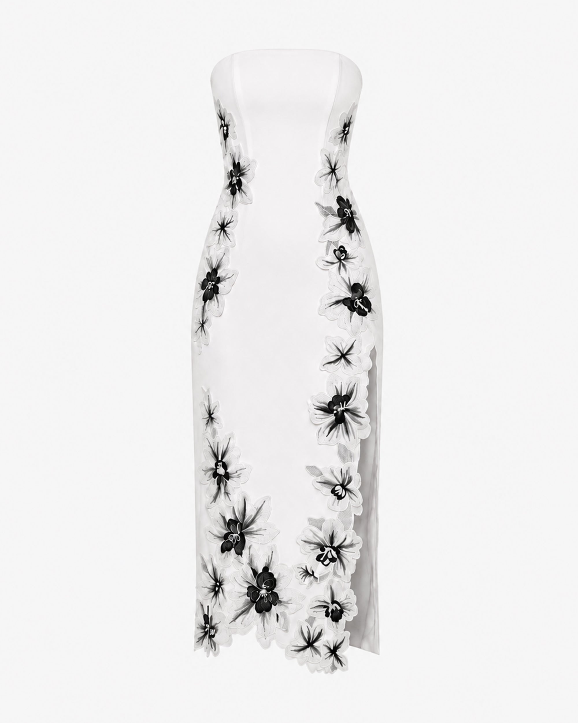 Flower Embroidered Strapless Midi Dress - White