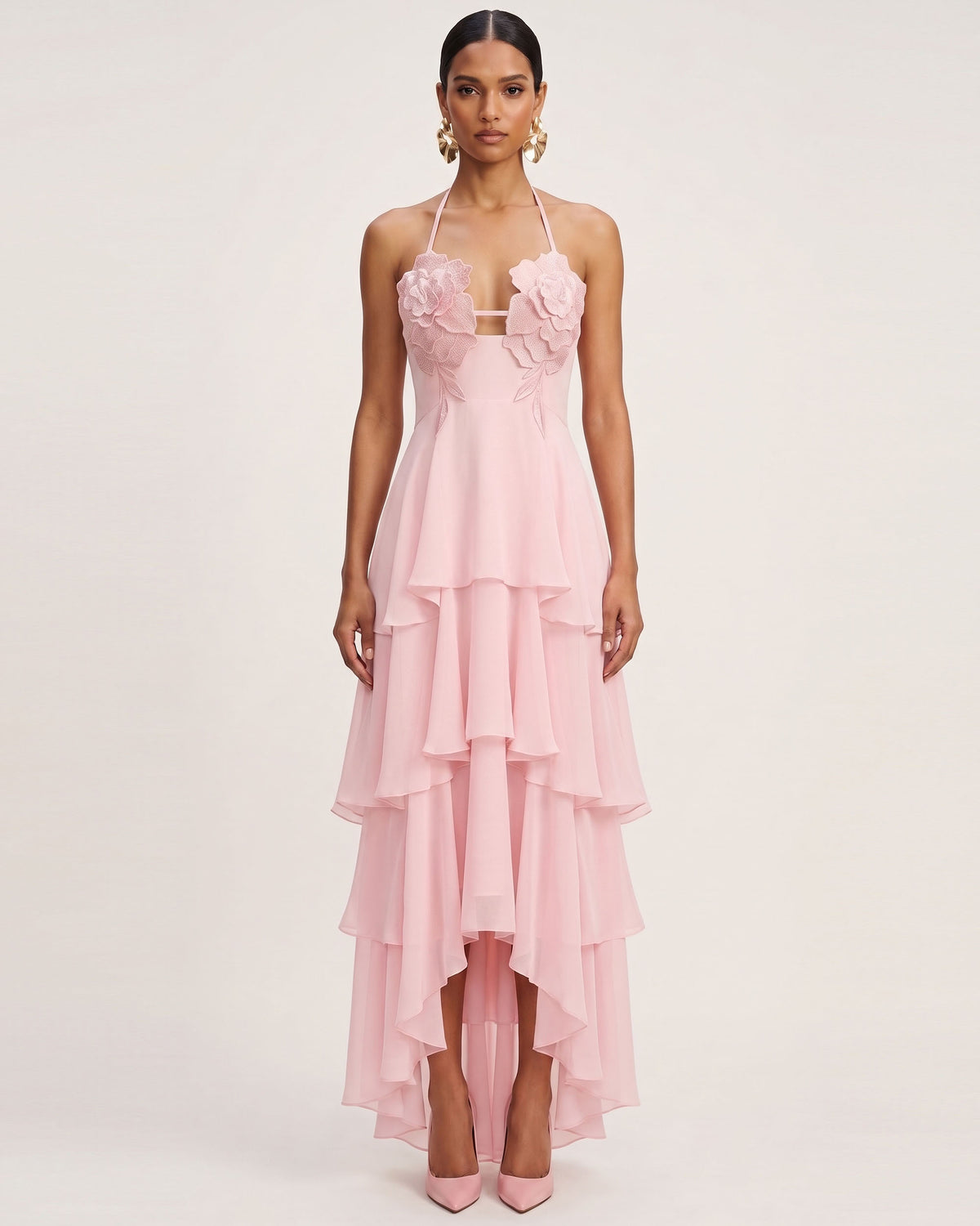 Flower Embroidered Halter Layered Maxi Dress - Pink