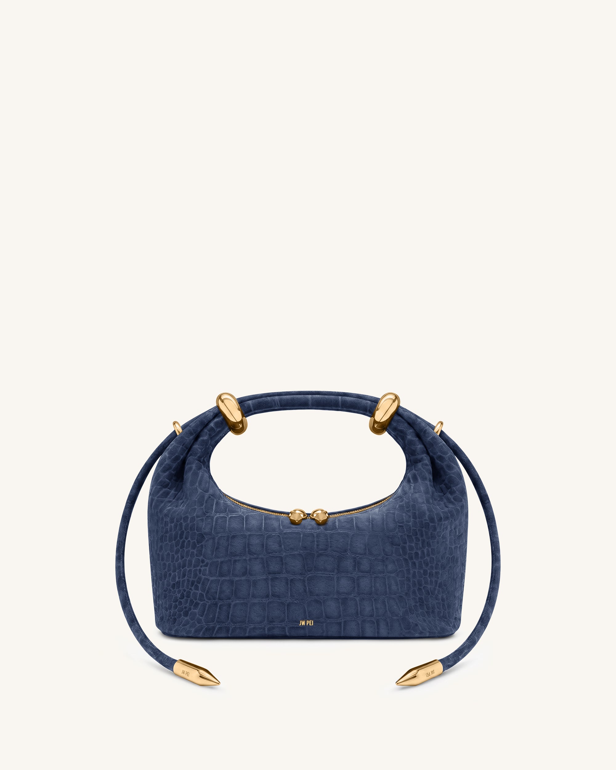 Ellie Faux Suede Metal Ring Embellished Top Handle Bag - Navy Croc