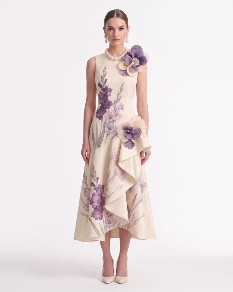 Gladiolus 3D Floral Appliqué Ruffled Midi Dress - Ivory