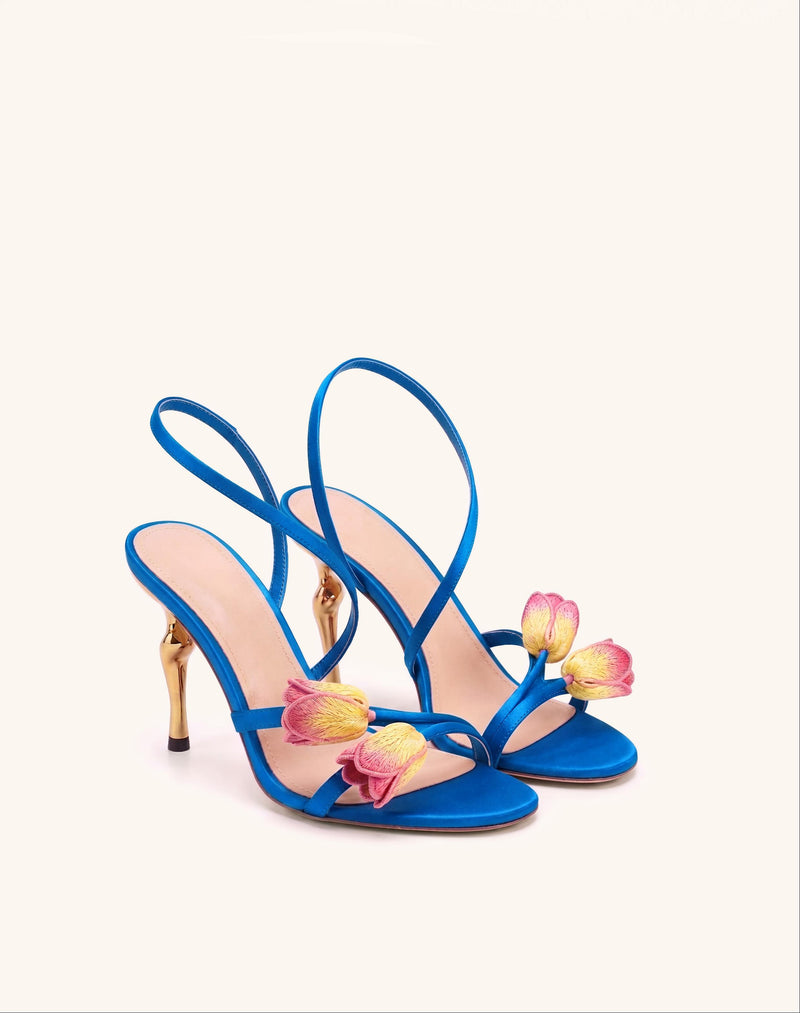 Amara Tulip Embroidered Wraparound Heels - Blue