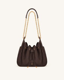 Rowan Faux Suede Quilted Chain Bucket Bag - Dark Brown