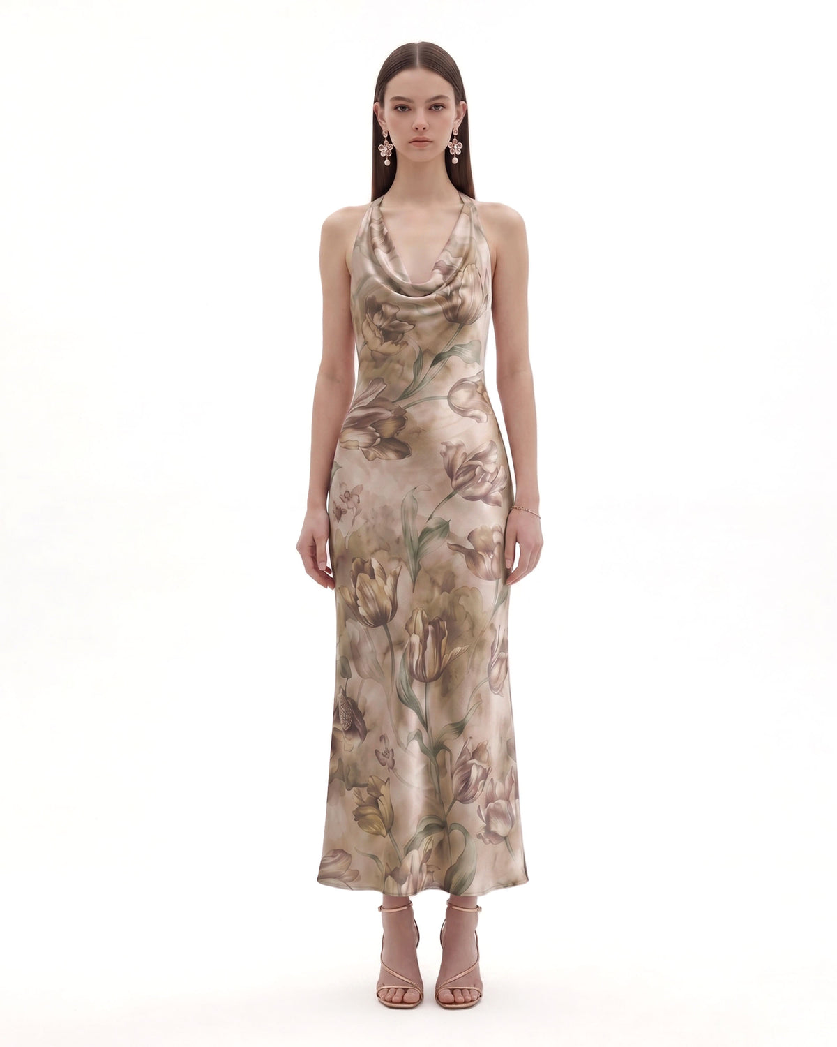 Floral Print Cowl-Neck Satin Maxi Dress - Beige