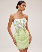 3D Floral Strapless Draped Ruched Mini Dress - Light Green