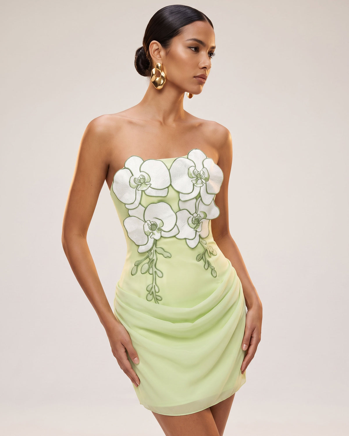 3D Floral Strapless Draped Ruched Mini Dress - Light Green