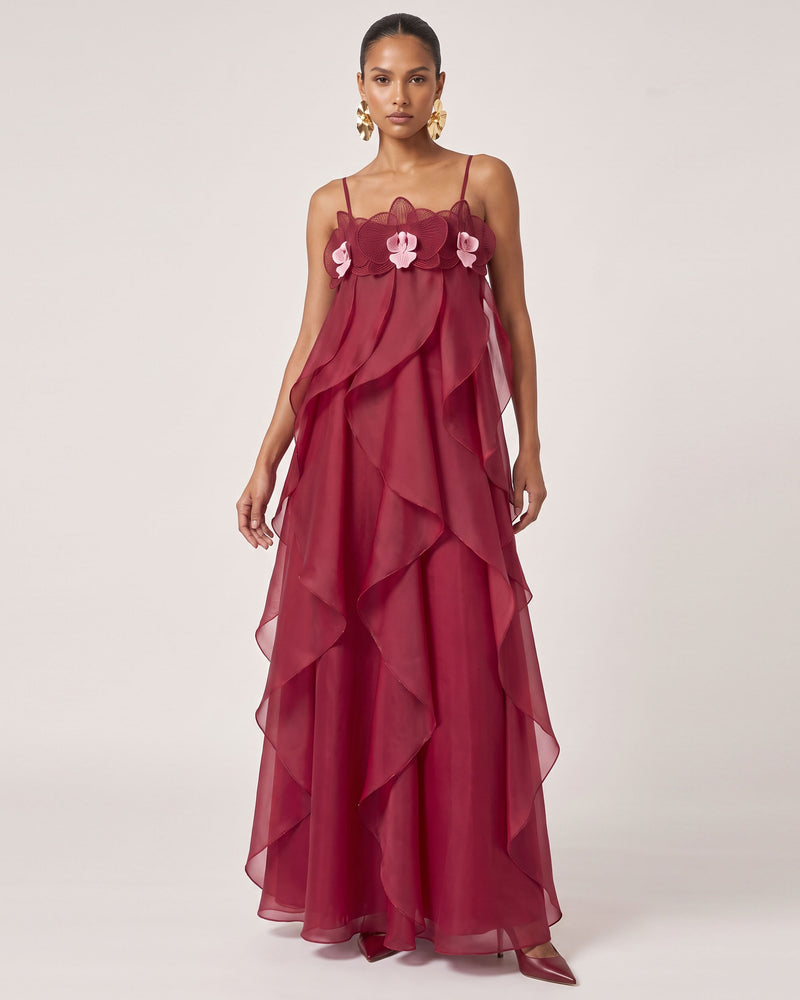 Orchid Embroidered Organza Maxi Dress - Red