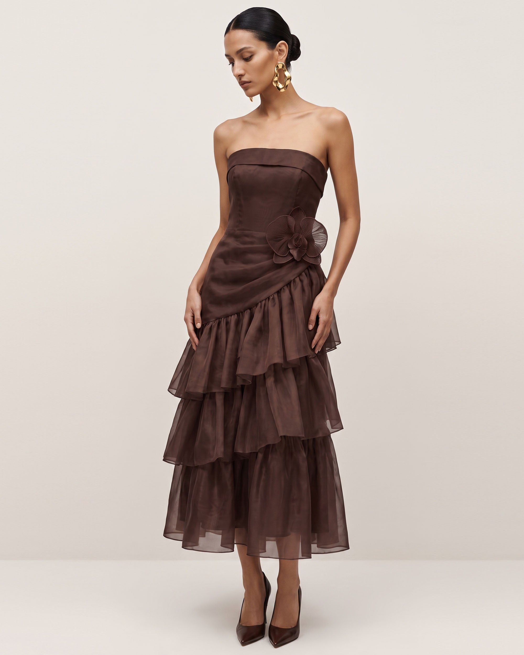 Orchid Embroidered Organza Strapless Midi Dress - Chocolate Brown