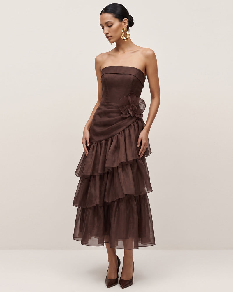 Orchid Embroidered Organza Strapless Midi Dress - Chocolate Brown