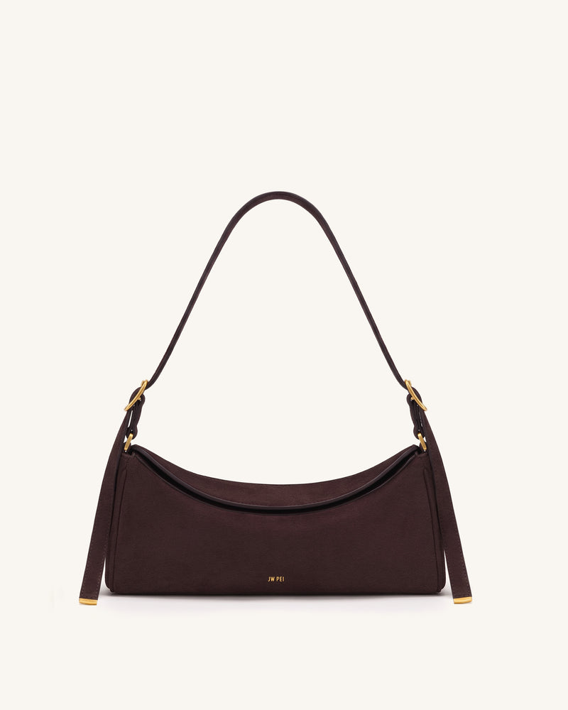 Elowen Faux Suede East-West Shoulder Bag - Dark Brown