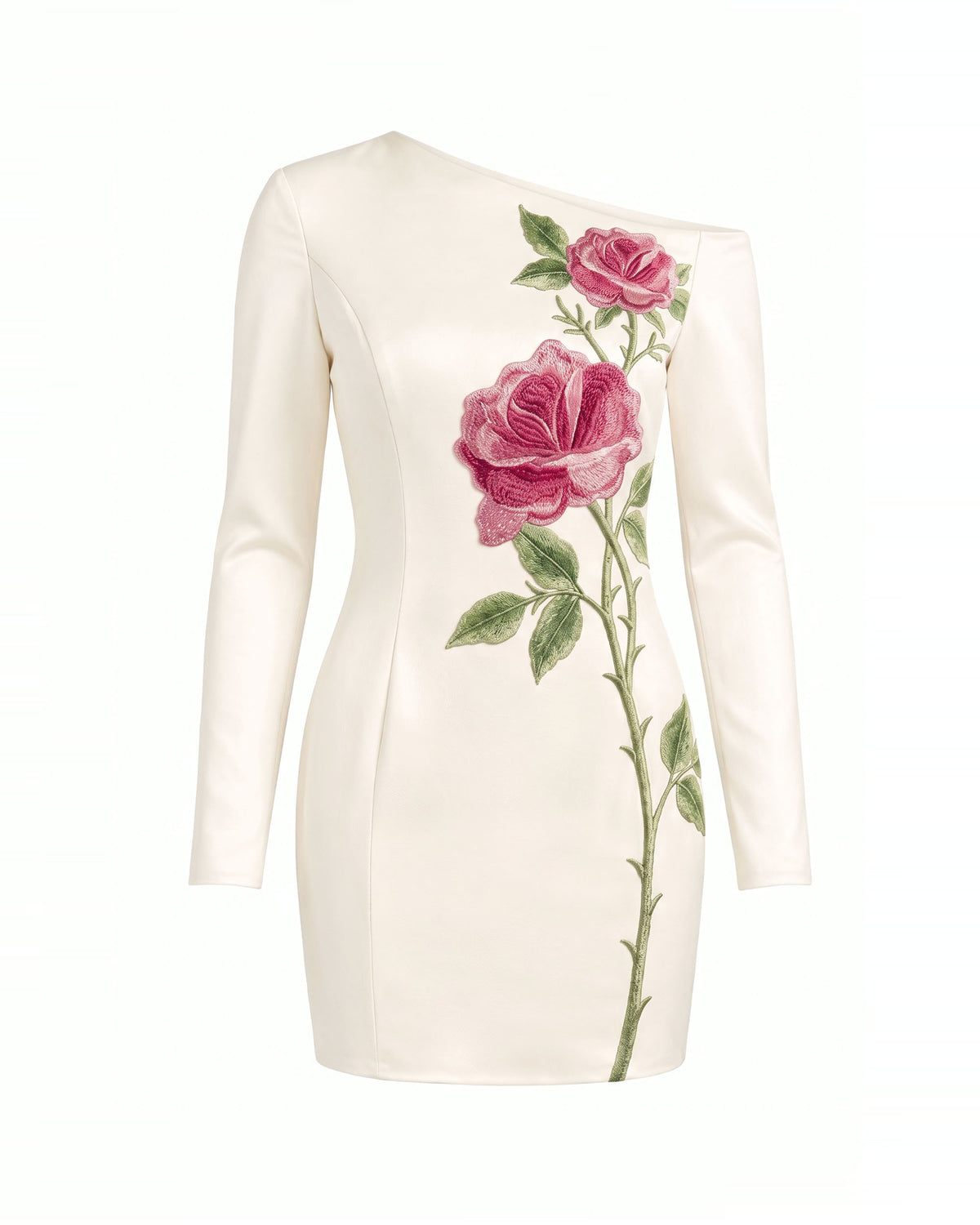 Rose Embroidered One-Shoulder MiniDress - Pure White